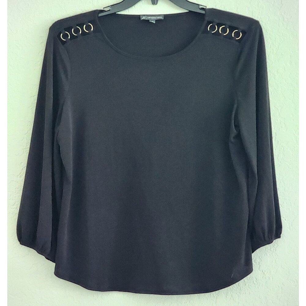 Top/Blouse-Adrianna Papell-Black-Shoulder Gold Rings Detail-Elastic Sleeve-Large